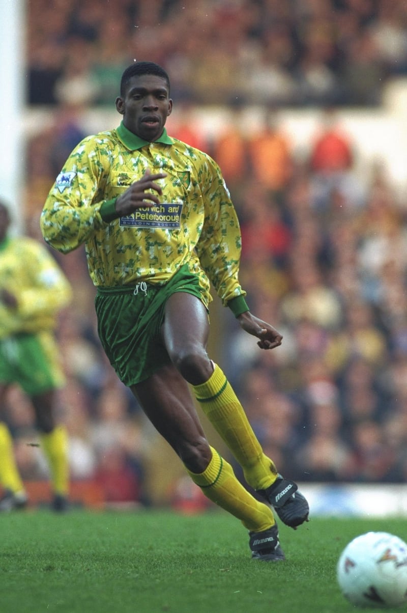 27 Dec 1993:  Efan Ekoku of Norwich City in action during an FA Carling Premiership match against Tottenham Hotspur at White Hart Lane in London. Norwich City won the match 3-1. \ Mandatory Credit: Clive  Brunskill/Allsport/Getty Images