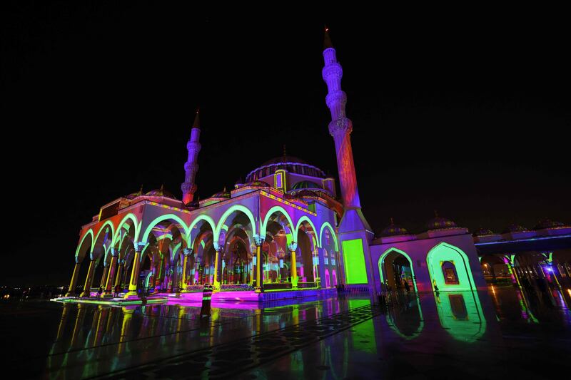 Sharjah Mosque is illuminated. AFP
