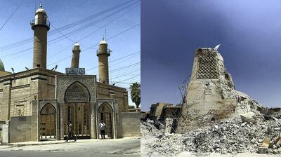LEFT: The Great Mosque of Al Nuri in Mosul pictured in July 2014. EPA. RIGHT: The destroyed Al Hadba minaret at the Great Mosque of Al Nuri in Mosul's Old City. July 20, 2017. Thaier Al Sudani / Reuters