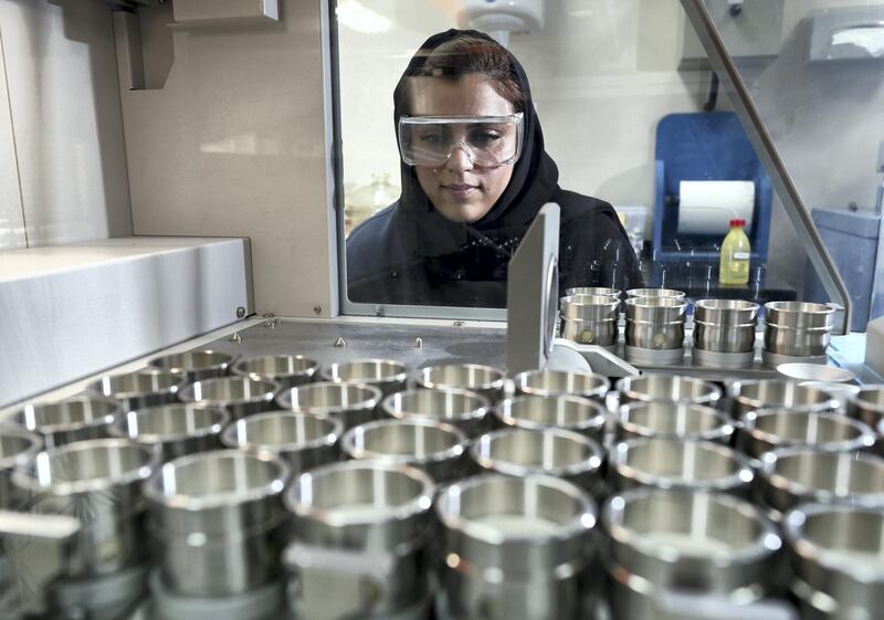 Dubai, United Arab Emirates - March 1st, 2018: Shamsa Al Falasi is an Emirati woman scientist who works as an aluminium lab specialist. Thursday, March 1st, 2018. Jebel Ali, Dubai. Chris Whiteoak / The National