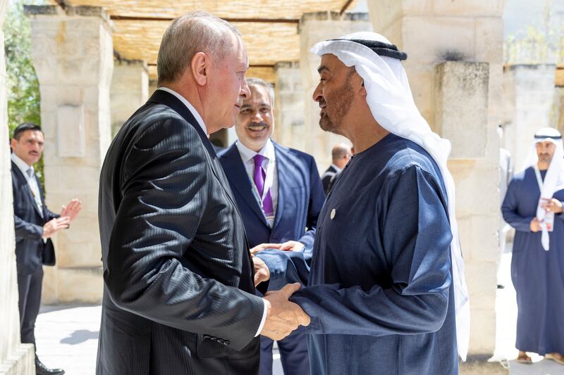 Sheikh Mohamed with President Recep Tayyip Erdogan of Turkey. Photo: Ryan Carter / UAE Presidential Court 
