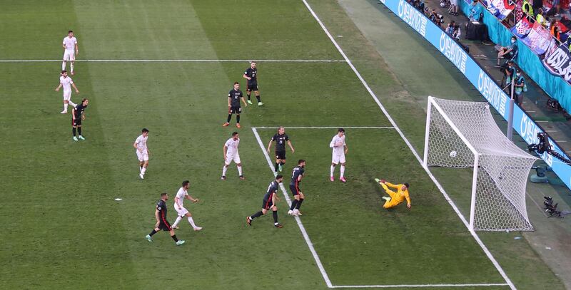 Pablo Sarabia's shot flies past past Croatia goalkeeper Dominik Livakovic to make it 1-1.