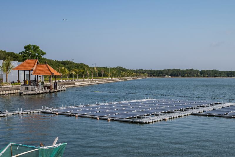 A floating solar power plant at a reservoir in Denpasar, Bali, Indonesia. Major investments of $5 trillion to $7 trillion per year are needed through to 2050 in the energy sector to drive the green energy transition but less than $2 trillion is currently spent each year. EPA