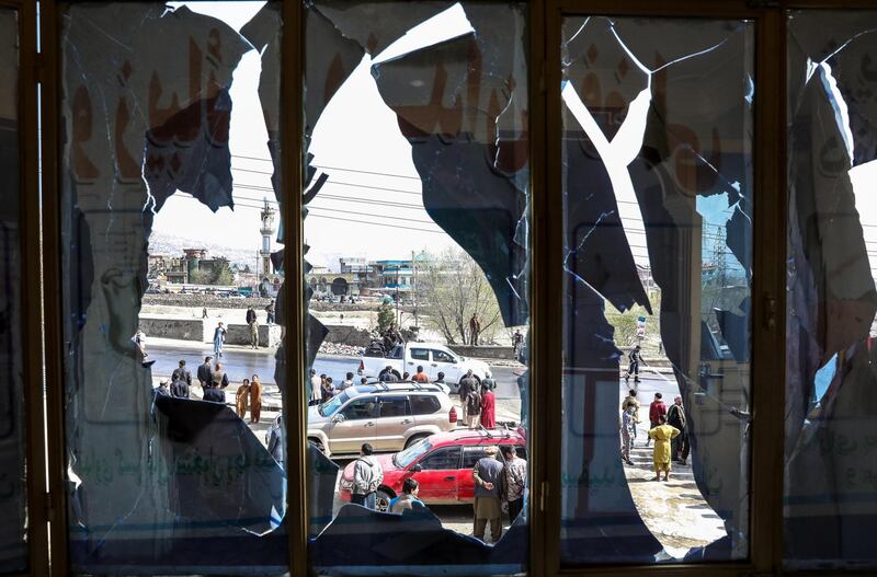 Shattered windows in the aftermath of a bomb explosion in Kabul, Afghanistan, on 18 March 2021. Hedayatullah Amid / EPA