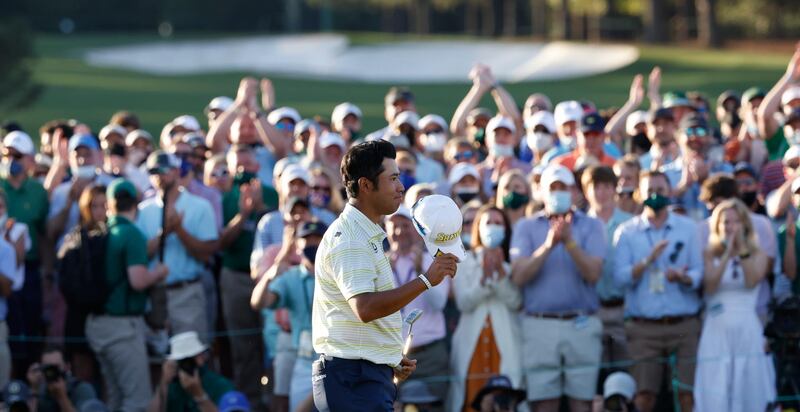 Japan's Hideki Matsuyama celebrates on the 18th green after winning The Masters. Reuters