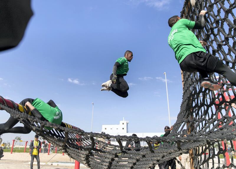 DUBAI, UNITED ARAB EMIRATES. 13 FEBRUARY 2020. 
Saudi’s team takes part in the obstacles challenge at the second annual UAE Swat Challenge. The team did not make it to the finish line. Twenty-six teams from around the world are taking part in the five-day event.


(Photo: Reem Mohammed/The National)

Reporter:
Section: