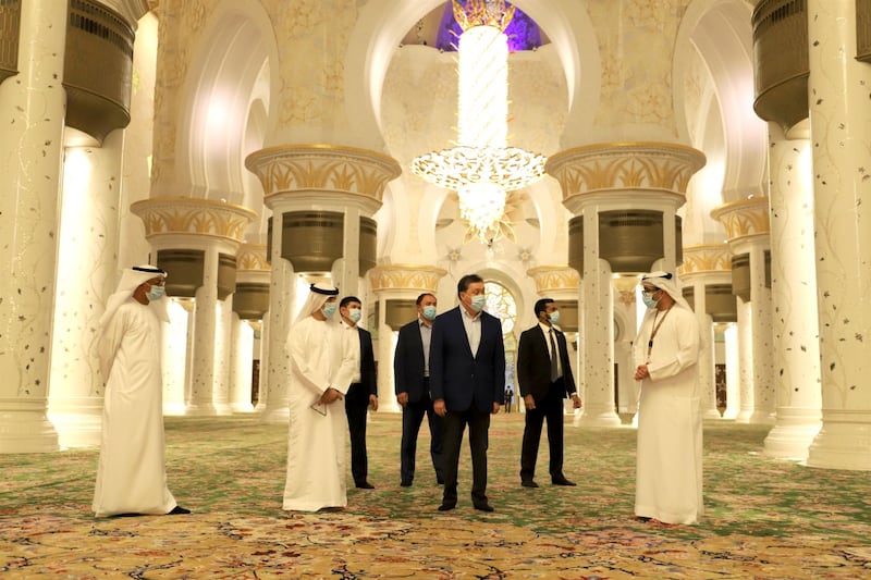 Prime Minister of Kazakhstan Askar Mamin visits Sheikh Zayed Grand Mosque on Sunday. Wam