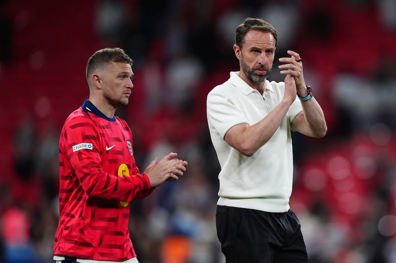 England manager Gareth Southgate and Kieran Trippier after the friendly defeat against Iceland at Wembley Stadium on June 7, 2024