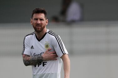 Argentina's Lionel Messi attends a practice session in Rio de Janeiro, Brazil, Thursday, June 27, 2019. Messi is the latest recipient of a Dubai Star. (AP Photo/Silvia Izquierdo)