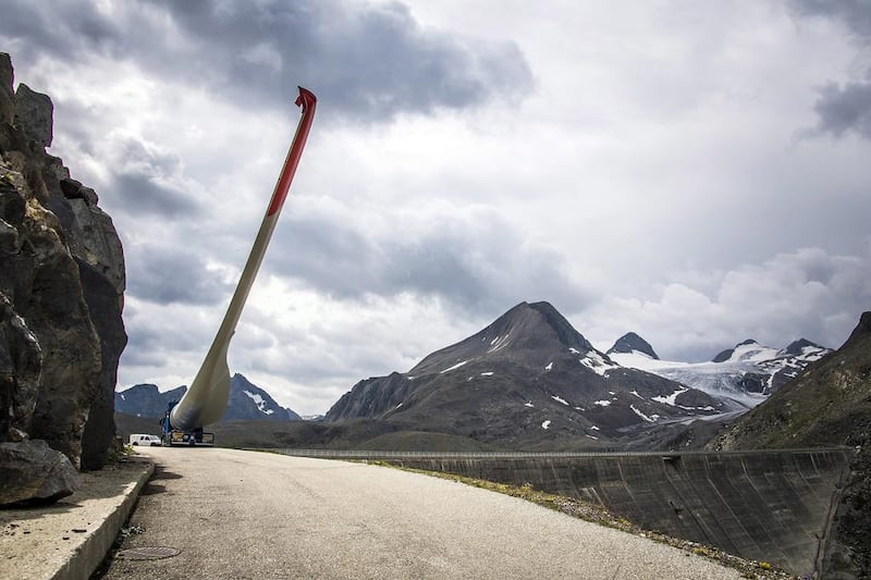 A wind turbine blade transported to the Griessee lake site. The blades are 45 metres in length. Olivier Maire / EPA