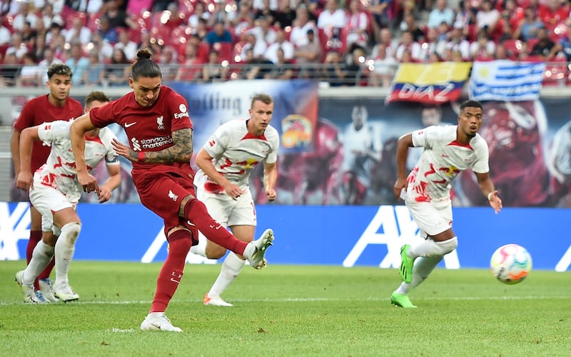 Darwin Nunez scores Liverpool's second goal from the penalty spot in their friendly win over RB Leipzig at the Red Bull Arena, on Thursday July 21, 2022. Reuters