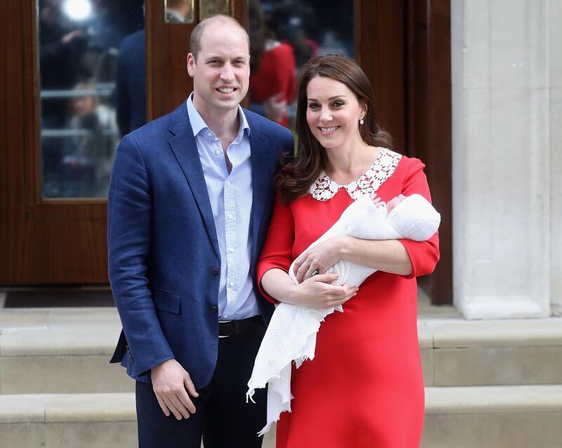 Prince William, Duke of Cambridge and Catherine, Duchess of Cambridge depart the Lindo Wing with their newborn son at St. Mary's Hospital on April 23, 2018 in London, England. (Chris Jackson/Getty Images)