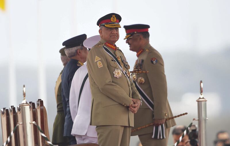 Pakistan Army Chief General Qamar Javed Bajwa stands before the start of the Pakistan Day parade in Islamabad on March 23, 2019. - Pakistan National Day commemorates the passing of the Lahore Resolution, when a separate nation for the Muslims of The British Indian Empire was demanded on March 23, 1940. (Photo by FAROOQ NAEEM / AFP)