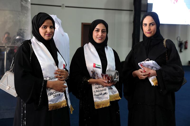 RAK,  UNITED ARAB EMIRATES , OCTOBER 5 – 2019 :- Left to Right - Jawaher Kardali , Asma Al Baloushi and Muna Kardali after casting their vote for the FNC elections held at the RAK Exhibition Center in Ras Al Khaimah. ( Pawan Singh / The National ) For News. Story by Ruba