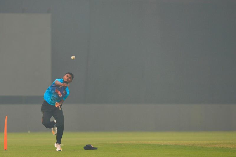 Bangladesh's Aminul Islam during a practice session at the Arun Jaitley Cricket Stadium in New Delhi. Air pollution in the city has reached toxic levels. AFP