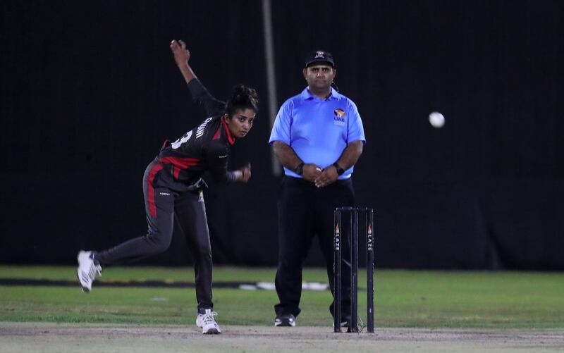 Chamani Seneviratna of UAE bowls during the T20 international against Hong Kong.