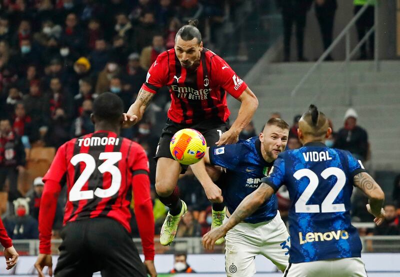 Zlatan Ibrahimovic in action with Inter Milan's Milan Skriniar. Reuters