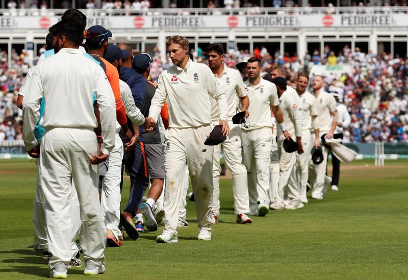 Cricket - England v India - First Test - Edgbaston, Birmingham, Britain - August 4, 2018   England's Joe Root and team mates shake hands with the India team at the end of the match   Action Images via Reuters/Andrew Boyers