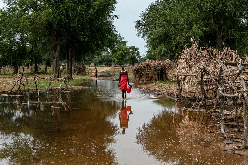A woman walks between abandoned shelters in Majak Awar village, Northern Bahr El Ghazal state, South Sudan, where some 100 families have been displaced twice by floods in four months. All photos AP