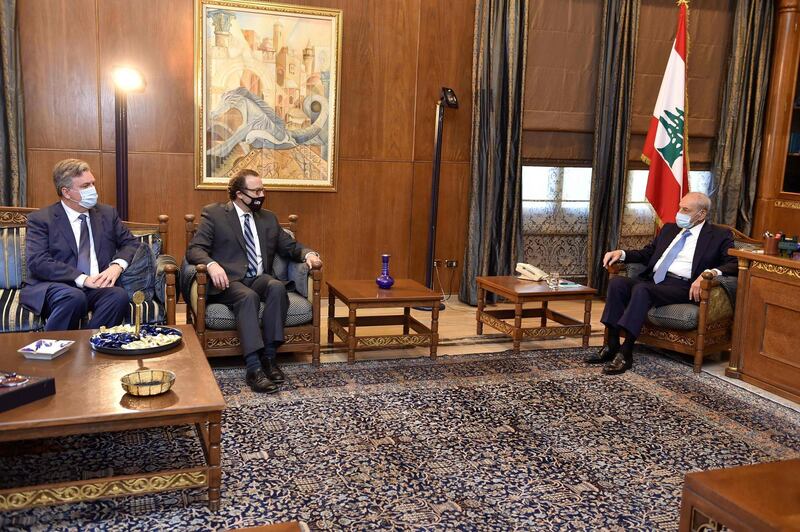 Lebanon's Parliament Speaker Nabih Berri, right, meets with US envoy David Schenker, centre, and US ambassador to Algeria John Desrocher in Beirut on October 15, 2020. AFP