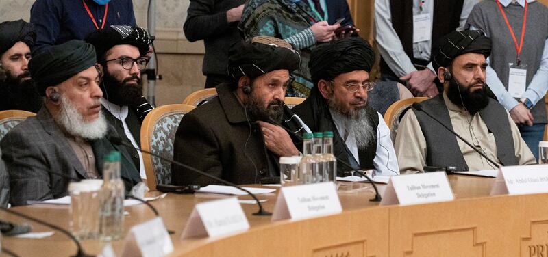 Abdul Ghani Baradar, the Taliban's deputy leader and negotiator, and other delegation members at the Afghan peace conference in Moscow on March 18. Reuters