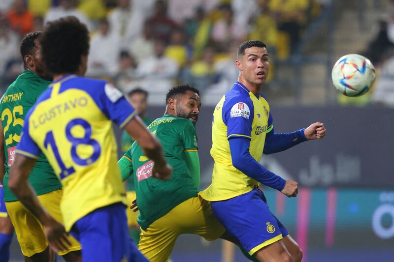 Cristiano Ronaldo fights for the ball with Al Khaleej defender Mohammed al-Khabrani during the Saudi Pro League match between Al-Nassr and Al-Khaleej at the Mrsool Park in the Saudi capital Riyadh. All photos AFP