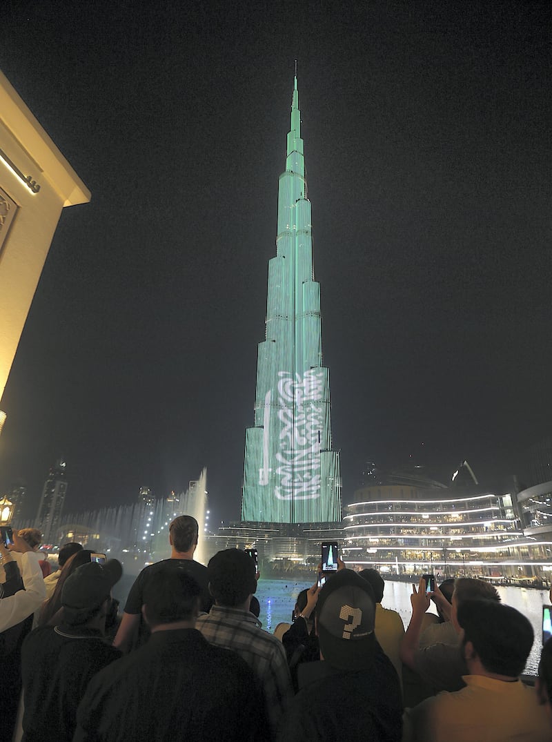 Dubai, September,21, 2018: Burj Khalifa lights up in the colours of Saudi Flag to celebrate the Saudi Arabia's 88th National Day in Dubai. Satish Kumar for the National