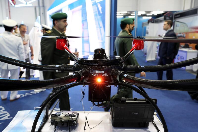 
ABU DHABI , UNITED ARAB EMIRATES , FEB 26  – 2018 :- Drone on display at the Alltech stand on the second day of UMEX held at ADNEC in Abu Dhabi. ( Pawan Singh / The National ) For News
