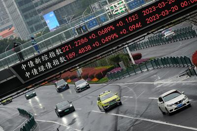 An electronic board showing stock indexes at the Lujiazui financial district in Shanghai, China. Reuters