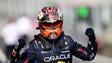 Red Bull driver Max Verstappen of the Netherlands reacts after he clocked the fastest time in the qualifying for the Austrian Formula One Grand Prix at the Red Bull Ring racetrack in Spielberg, southern Austria, Saturday, June 29, 2024.  (Christian Bruna, Pool)