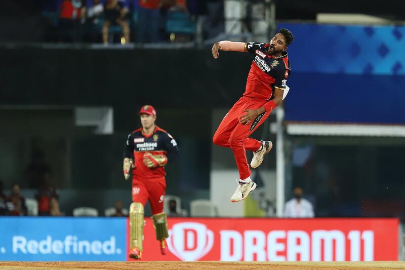 Mohammed Siraj of Royal Challengers Bangalore celebrates the wicket of Wriddhiman Saha of Sunrisers Hyderabad during match 6 of the Vivo Indian Premier League 2021 between the Sunrisers Hyderabad and the Royal Challengers Bangalore held at the M. A. Chidambaram Stadium, Chennai on the 14th April 2021.

Photo by Faheem Hussain / Sportzpics for IPL