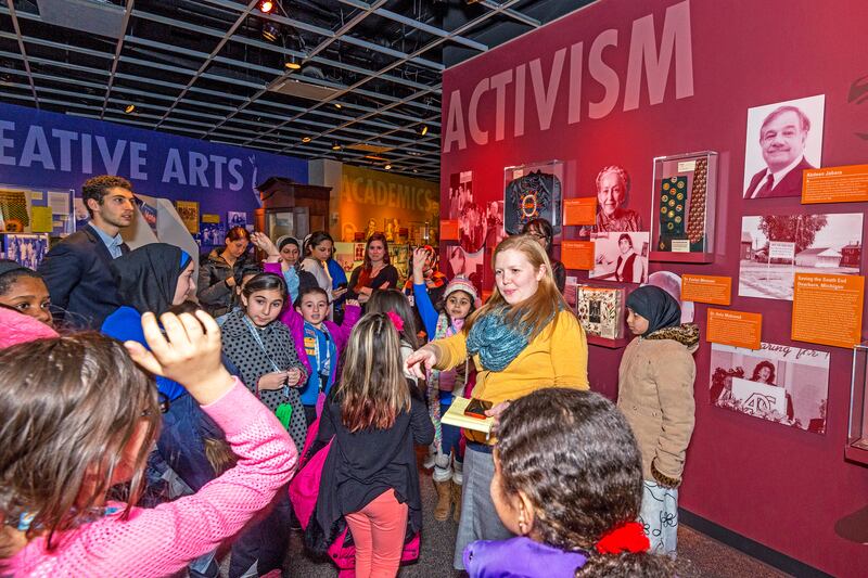 Schoolchildren are led on a tour of the museum.