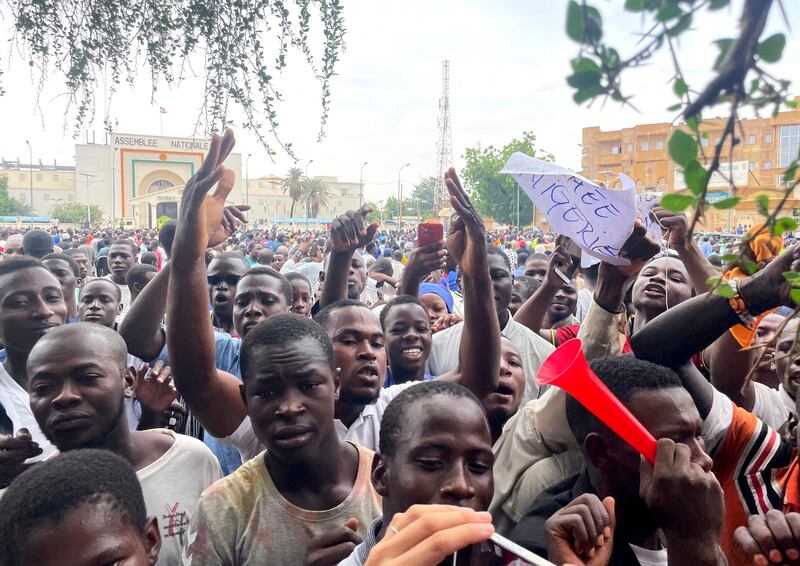 Supporters of the coup demonstrate in Niamey, Niger. AP