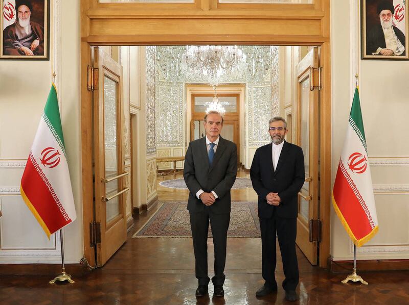 Iranian deputy foreign minister Ali Bagheri, right, with the EU's top negotiator Enrique Mora in Tehran on Wednesday. Photo: Iranian Foreign Ministry / AFP