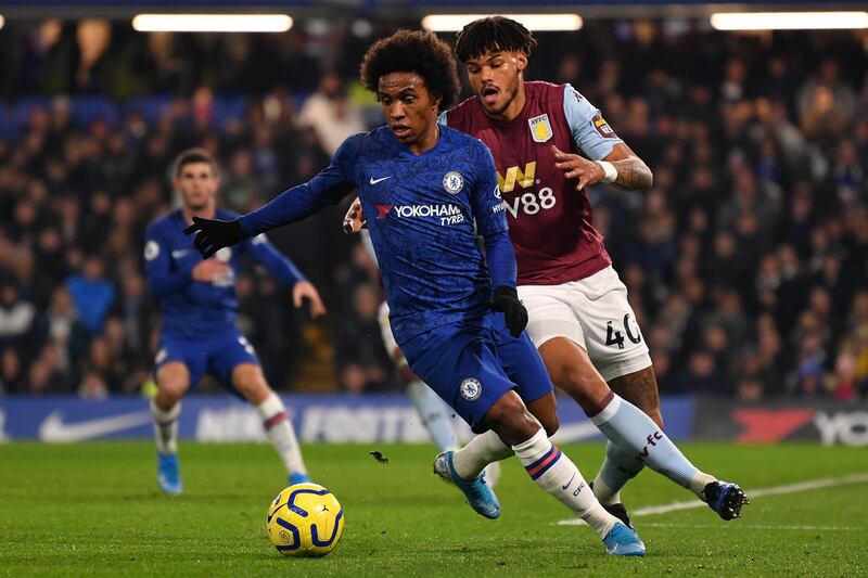 Willian holds off Tyrone Mings during the Premier League game at Stamford Bridge. Getty Images