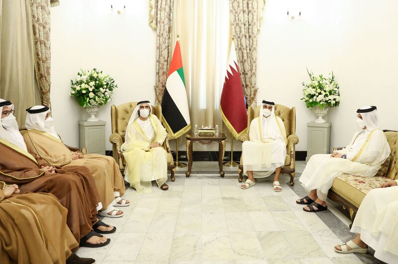 Sheikh Mohammed meets Sheikh Tamim bin Hamad Al Thani, Emir of Qatar, at the summit. WAM