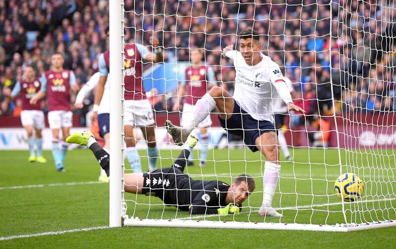 Roberto Firmino thought he had scored for Liverpool but was later disallowed at Villa Park. Getty Images