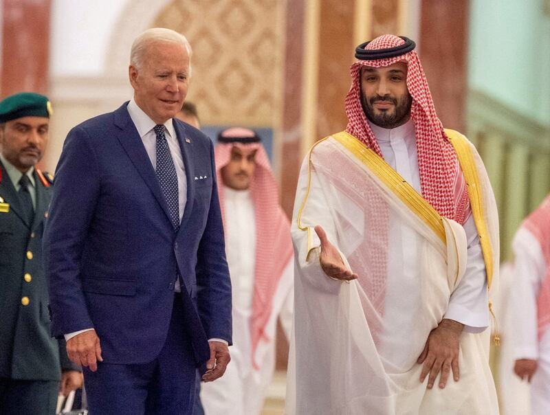 Saudi Crown Prince Mohammed bin Salman receives US President Joe Biden in Jeddah last year. Saudi Royal Court / Reuters