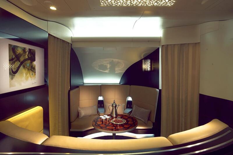 The Lobby, a six-seater area towards the rear of Etihad’s A380 business class area. Courtesy Etihad