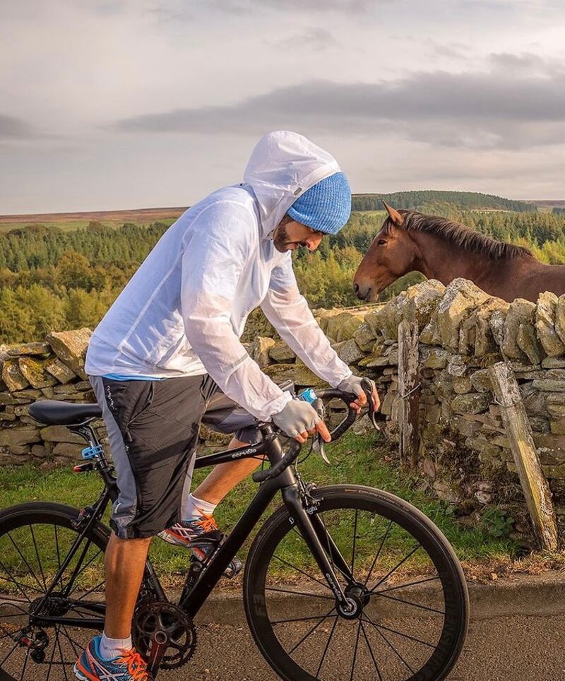 Sheikh Hamdan cycles through the Yorkshire countryside in England.
