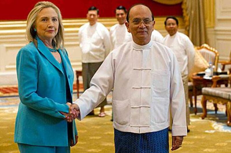 Hillary Clinton, the US secretary of state, meets Thein Sein, the Myanmar president, yesterday.