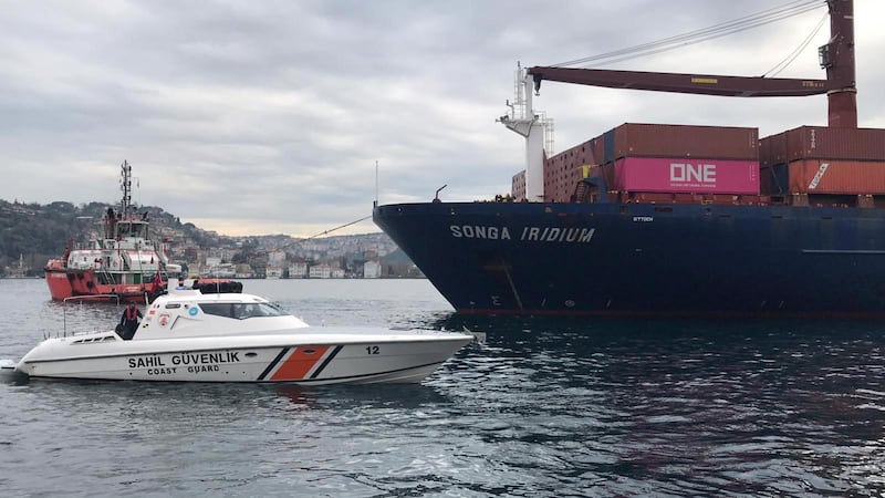 ISTANBUL, TURKEY - DECEMBER 27: Liberia-flagged container ship; 'Songa Iridium' runs ashore near Rumelian Fortress (Rumeli Hisari) passing through Istanbul's Bosphorus, in Turkey on December 27, 2019. The malfunction of the ship that ran ashore near the Rumeli Fortress at the Bosphorus is still unknown.
 (Photo by Abidin Mutlu Bozdag/Anadolu Agency via Getty Images)