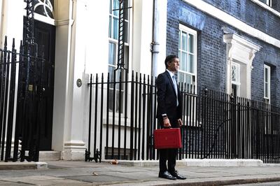 British Chancellor Rishi Sunak stands outside No 11 Downing Street with his budget box. EPA