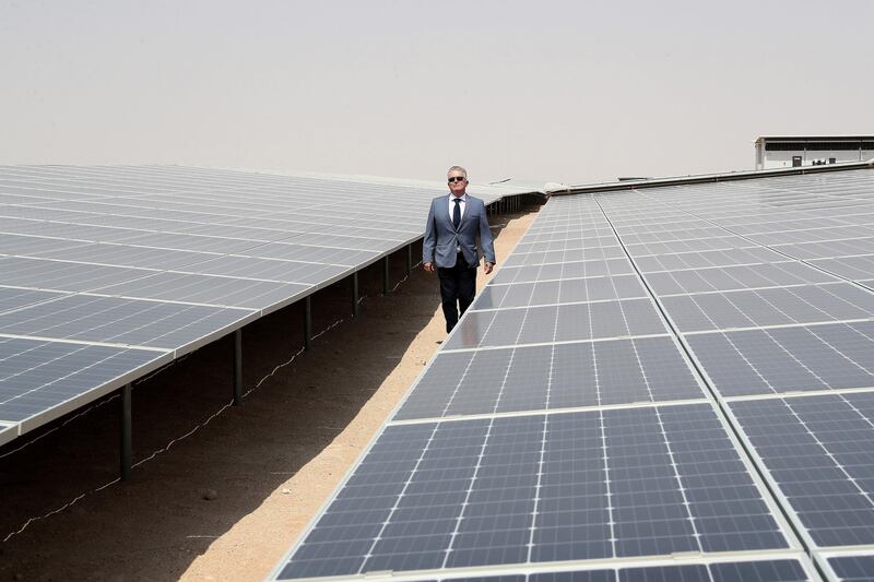 ABU DHABI,  UNITED ARAB EMIRATES , OCTOBER 1 – 2019 :- Jorge Perea , Executive Managing Director showing the Noor Solar Power Plant in Sweihan in Abu Dhabi. ( Pawan Singh / The National ) For News. Story by Daniel