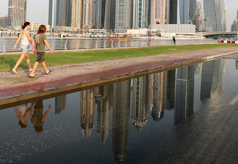 Dubai, United Arab Emirates - Reporter: N/A. News. Weather. A reflection of marina after the rain came down in Dubai. Sunday, November 8th, 2020. Dubai. Chris Whiteoak / The National