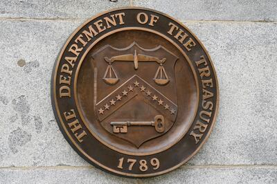 The Department of the Treasury's seal outside the Treasury Department building in Washington. AP 