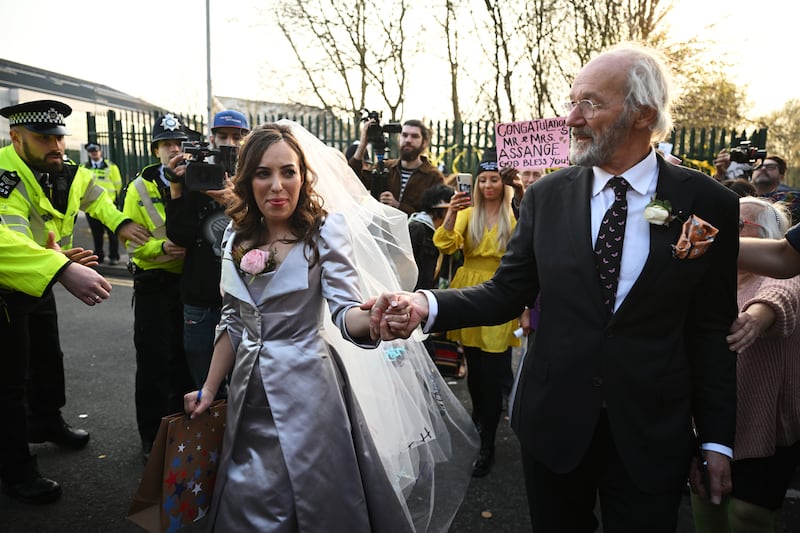 Stella Moris leaves Belmarsh prison with Julian Assange's father, Richard Assange, after marrying the WikiLeaks founder Julian Assange in London. Getty Images