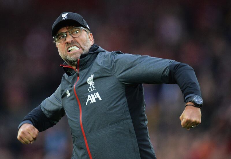 Liverpool manager Juergen Klopp celebrates after the win over Leicester City. EPA