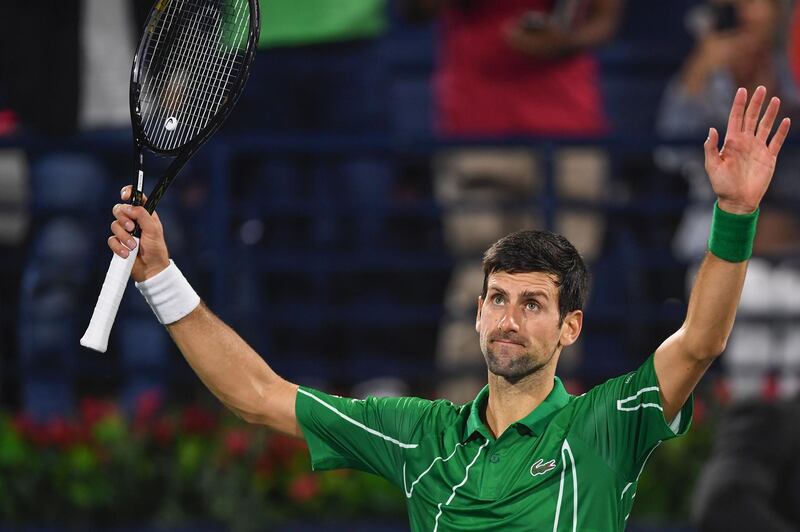 Serbia's Novak Djokovic reacts after winning the match against Germany's Philipp Kohlschreiber during the Dubai Duty Free Tennis Championships on Wednesday. AFP