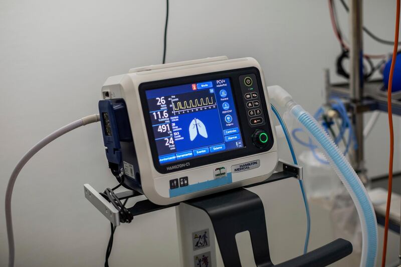A ventilator connected to a patient infected with Covid-19 in one of the intensive care units (ICU) at the Severo Ochoa hospital in Leganes, outskirts of Madrid, Spain. Bernat Armangue / AP